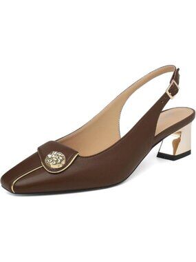 Women's Slingback Chunky Block Heels Closed Square Toe Pumps Low Heel Brown